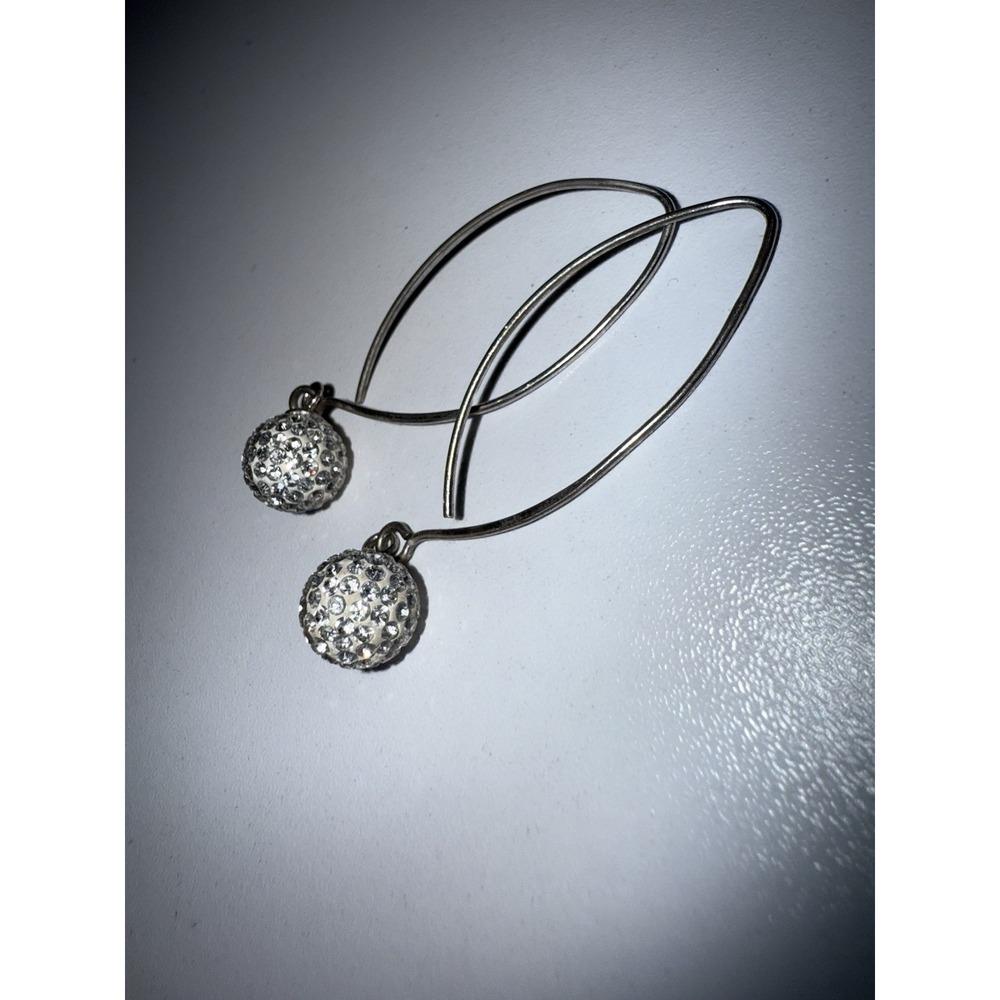 Sterling Silver 925 White Rhinestone Drop Ball Disco Threader Earrings Swarovski
